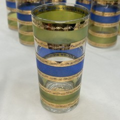 Vintage 7 Culver Rondo Blue Green 22K Gold Banded Barware Highball Glasses Retro