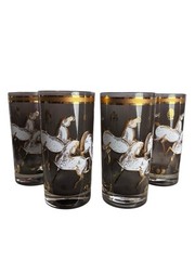 4 Vintage MCM Culver Ming Smokey Stallion Horse Gold 5.5″ HIGHBALL GLASSES
