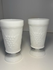 Unmarked White Milk Glass Grape Pattern Footed Goblets, Set of 2