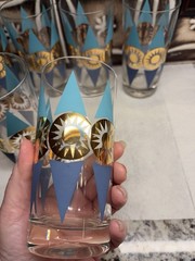 Set of 8 Federal Glass Nordica Turquoise & Gold Atomic Highball MCM Barware