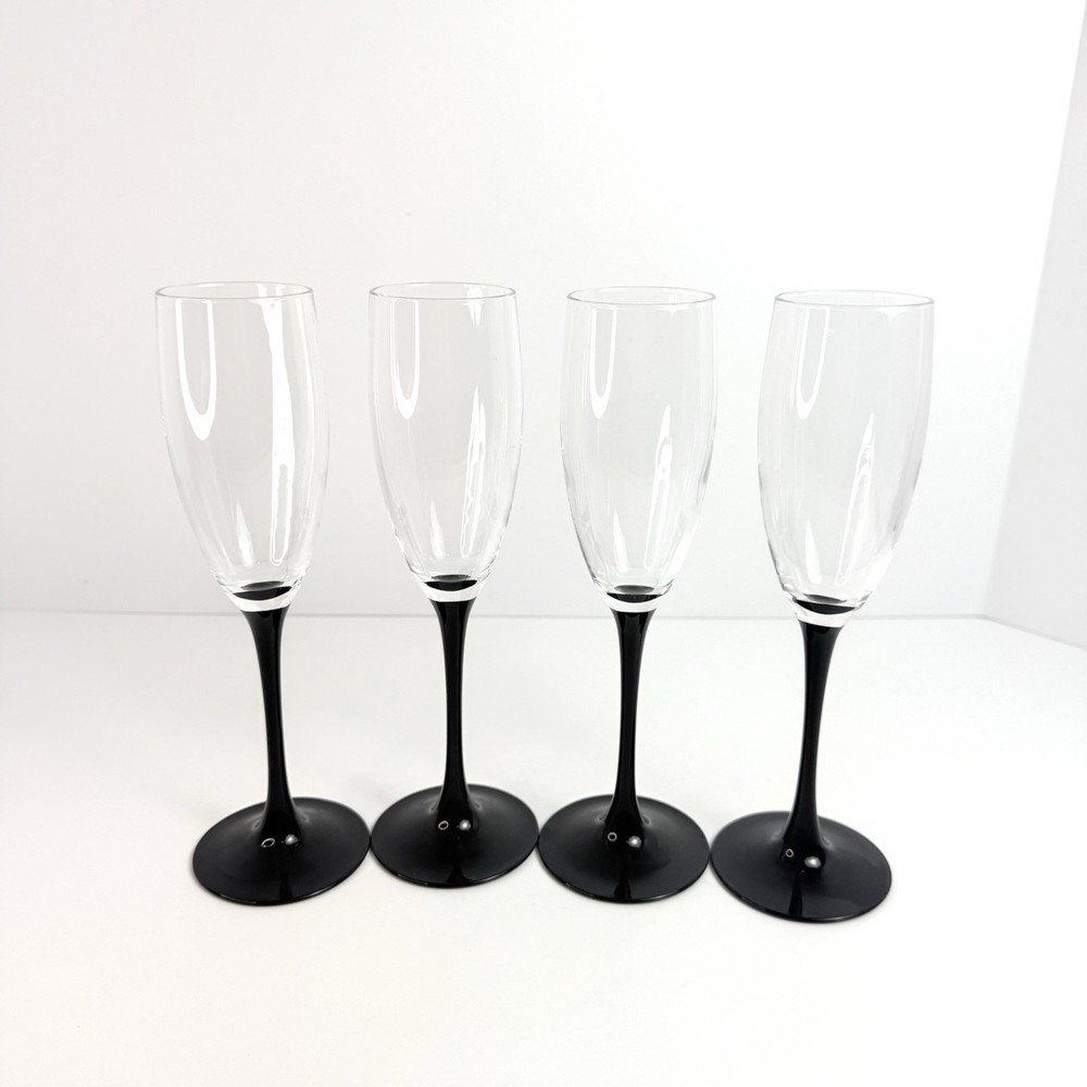Luminarc of France-Set of Four «Domino Signature Black Stem» Champagne Flutes