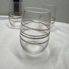 Set Of 4 Hand Blown Clear Stemless Wine Glasses Multi Color Glass Strings 4 1/4″