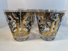 Fred Press Glasses Lowball Cocktail Black Gold Trojan Horse Set Of 4 Vintage