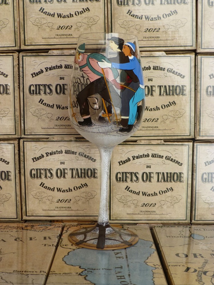 hand painted wine glasses vintage tahoe theme -chair lift. skiing