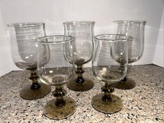 5 VTG Libbey TWO-TONE TULIP Brown Wine Glasses Pedestal Knob Stems 3/6.5″ 2/5.75