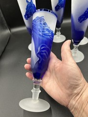 VTG Cameo Glass Horse Champagne Flutes 5 Pc Blue Frosted Hand Carved Equestrian