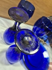Vintage Cobalt Blue Dishes 8p Set Wine Glasses & 7.5” Saucer Plates LIBBEY Glass