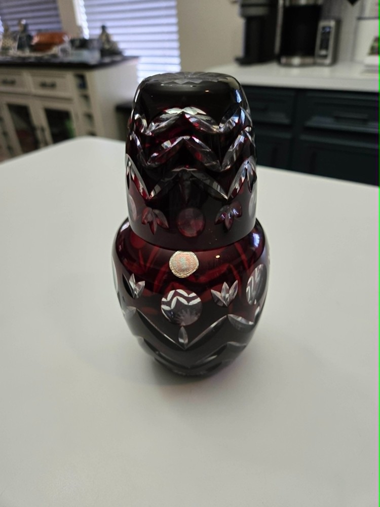 Dark Ruby Red Crystal Cut To Clear Bohemian Romania Wine/ Water Carafe with Cup