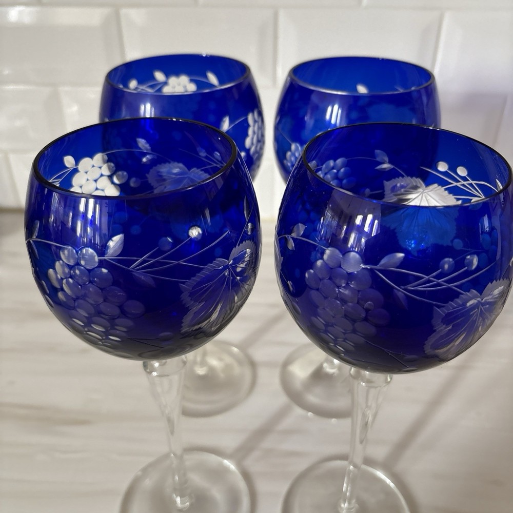 4 Bachman Traube Sapphire Blue Grape Cut To Clear Wine Glass, Made In Romania