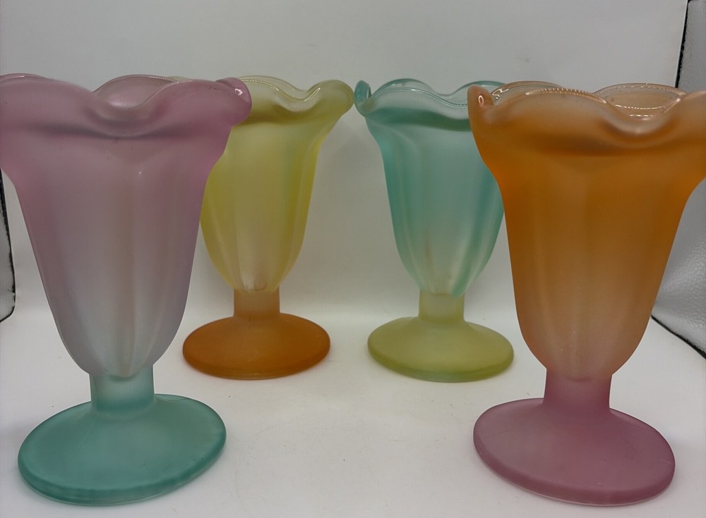Libbey Ombre Colorful Frosted Parfait Ice Cream Sundae Footed Glasses Set 4