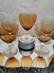 (9) Water Goblets glasses 5-1/4″, Bryce co crystal & amber Delhi stem 946 rare