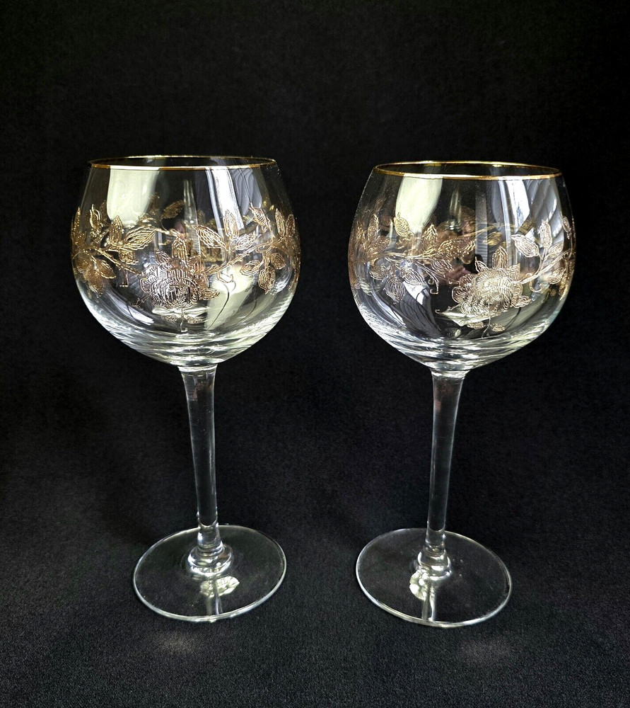 Vintage Elegant Crystal Wine Glasses Gold Rose Gold Trim Set Of 2 Multiple Sets