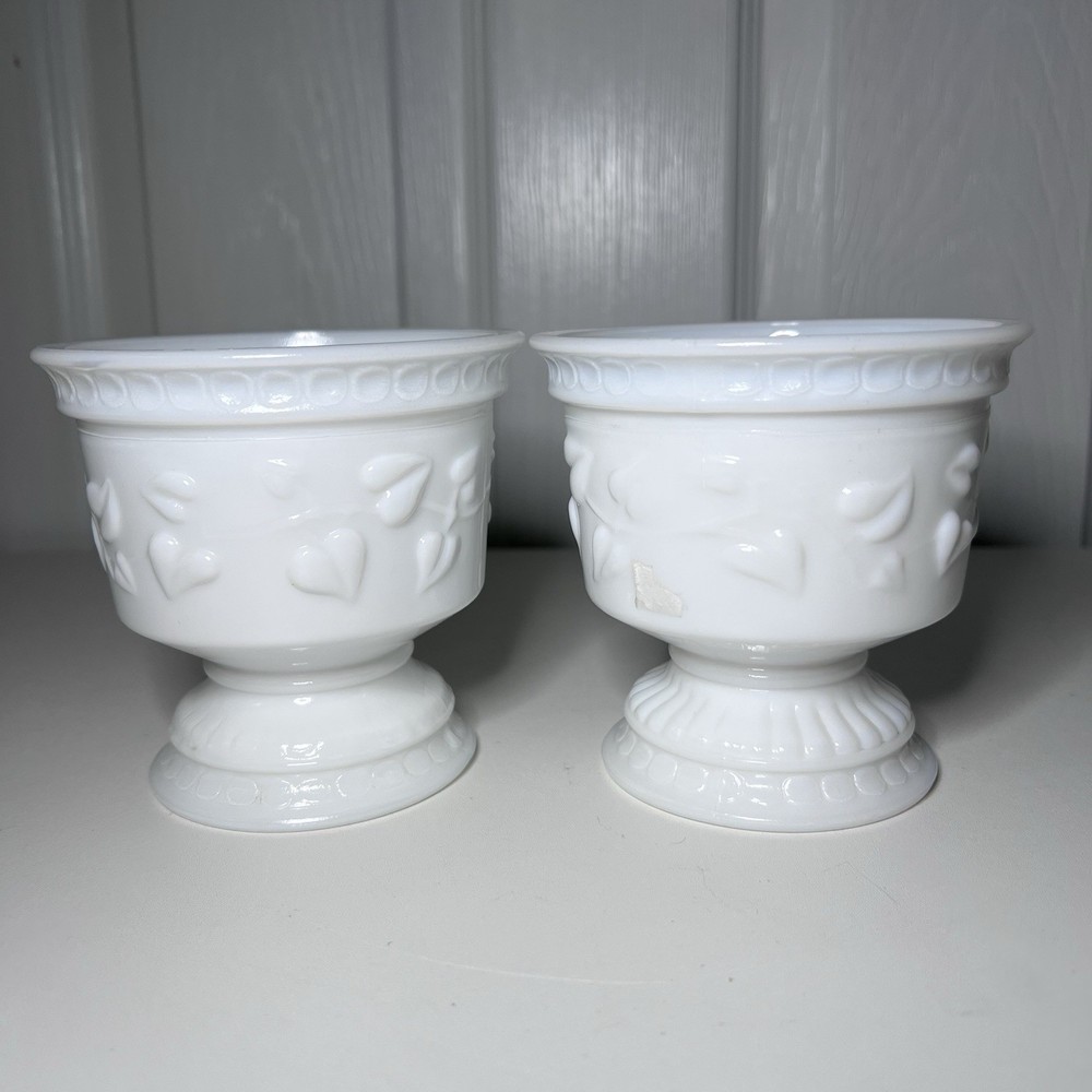 2-Vtg Milk Glass Indiana Glass Colony Harvest Grape Footed Goblets Dessert Cups