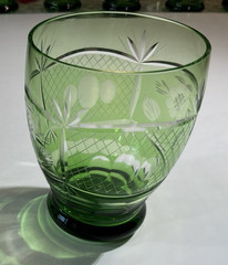 RARE!! Bohemian Green Cut to Clear Glass Low Ball Rocks Whiskey Tumbler Set of 6
