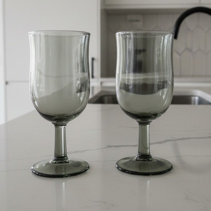 Duz Crystal Smoke Gray Water Goblets, Set of 2, Mid Century Footed Glasses