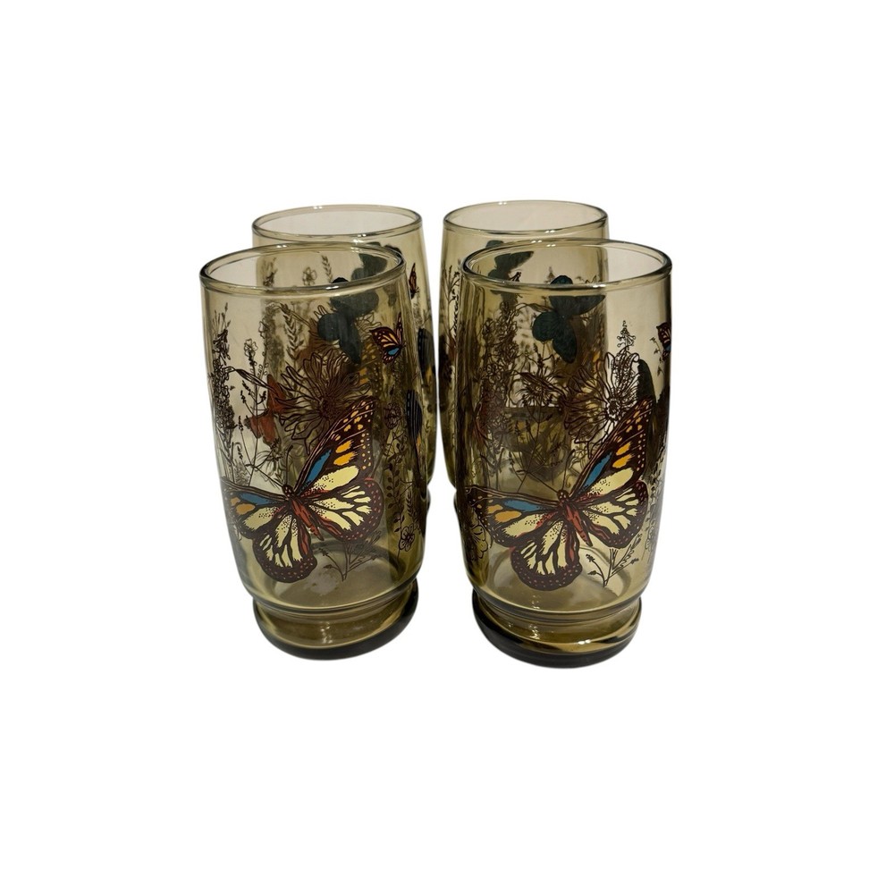 Vtg Libbey Smokey Butterfly Meadow Garden Tumbler Drinking Glasses 70s Set of 4