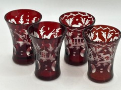 Set of 5 Shot Liquor Glasses Ruby Cut to Clear Bohemian Glass Motif Animals