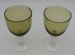 MCM Olive Green Bowl Clear Foot Goblets 5.75 in tall 3.25 in dia Set of 2 #G16
