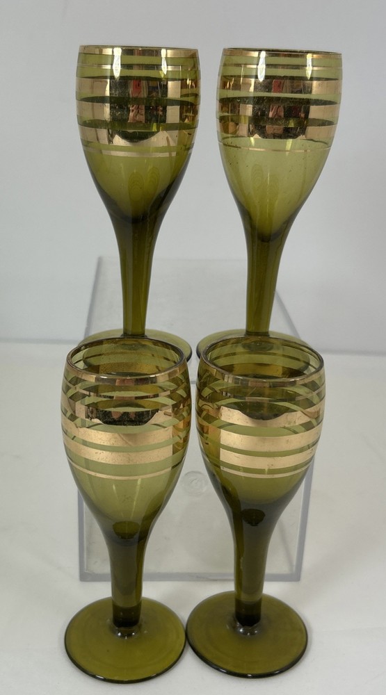 4 Green Tone Sherry Glasses w Gold Stripe Trim 5” Vintage