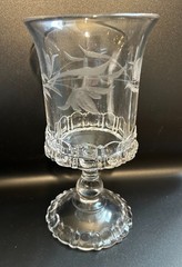 Vintage EAPG Pressed Glass Goblets – Thumbprint Style Etched Floral – Set of 2