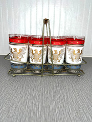 Vtg Eagle American Flag High Ball 8 oz. Barware Set of 8 Glasses Wire Holder