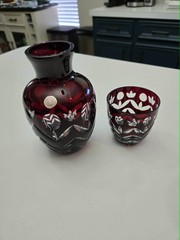 Dark Ruby Red Crystal Cut To Clear Bohemian Romania Wine/ Water Carafe with Cup