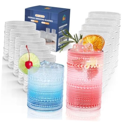 Vintage Hobnail Drinking Glasses Set of 12, 12 oz 12Pack 10oz&12oz Clear
