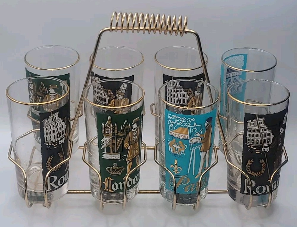 Vtg Libbey International Cities of The World S/8 Highball Glasses w/ Carrier