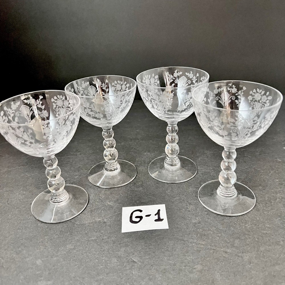 Set of 4Duncan & Miller Etched First Love Liqor Cocktail Glasses 4 1/2”