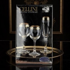 Vintage Cellini Crystal Wine Glasses 24K Gold Rim Hand Decorated Italy Set of 4