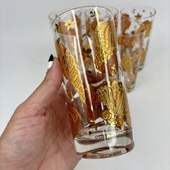 RARE Vtg Culver Textured Sea Shell Highball Tumbler 22K Gold Glass Set Cup MCM
