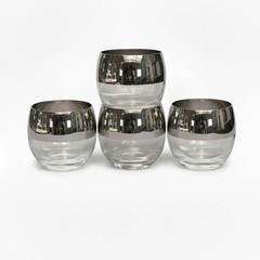 Set of 4 Mid‑Century Roly Poly Glasses – Wide Gunmetal Silver Band MCM Barware