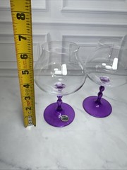 Pair Bohemia Crystal Czech Republic Amethyst Purple Stem Wine Goblets Glasses