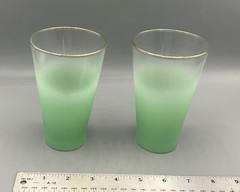 2 Vintage Blendo Green Satin Frosted Glasses Tumblers 12 oz Pair Set