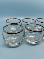Set Of MCM Dorothy Thorpe Style Pitcher Decanter 6 Roly Poly Silver Trim Glasses