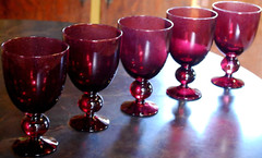 Vintage Set 5 WATER/WINE GOBLETS Hand Blown PLUM PURPLE SEEDED GLASS Ball Stem