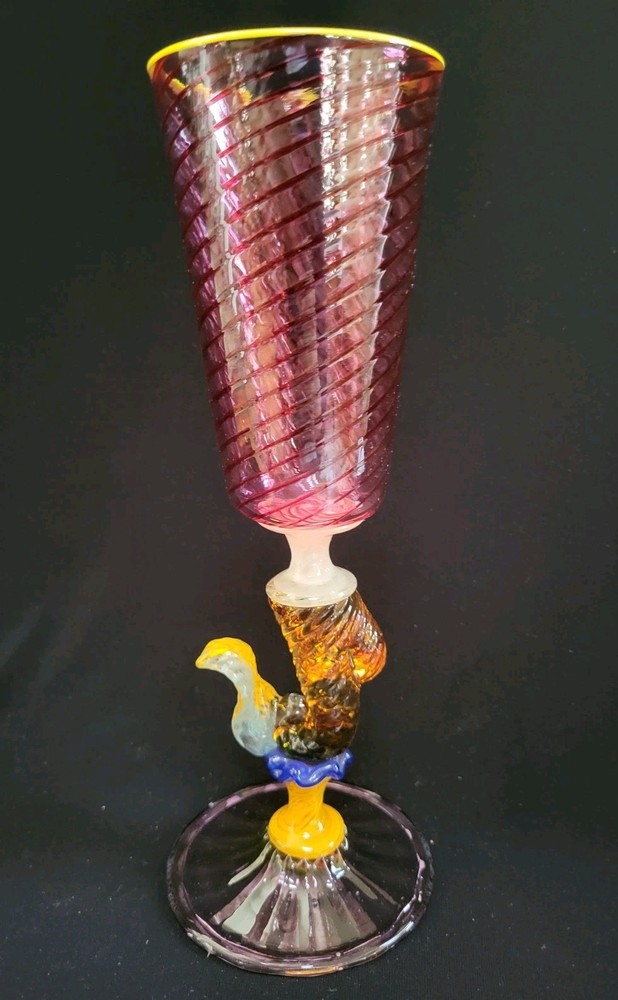 Robert Dane Ruby Tutti Frutti Hand Blown Studio Art Glass Wine Goblet SIGNED