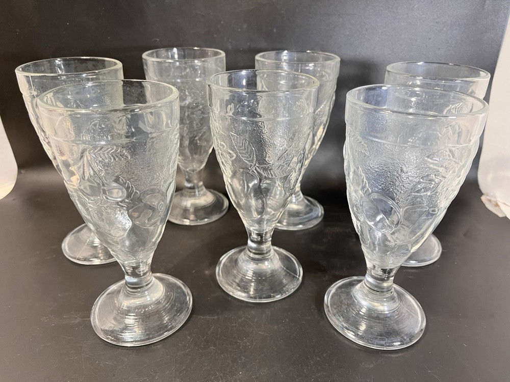 7 Vintage Arcoroc France Clear Molded Embossed Fruit Design Goblets Wine Water
