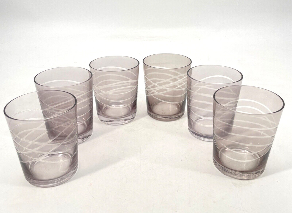 Lot of 6 Pier 1 Old Fashion Lowball Cocktail Glasses Etched smokey grey stemless