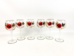 Vintage Large Butterfly & Pansy Bohemian Decanter W/6 Wine Glasses Hand Painted