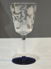 6 Vintage Clear w/ Cobalt Blue Stem Base Etched Bouquet Cordial Glasses Set of 6