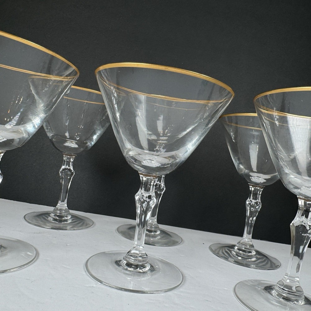 Lot 6 Fostoria Aurora 6092 Gold Rim Wine Glasses 5.5in Goblets Vintage Hollywood