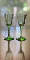 Vintage Uranium Glass Cordials MCM Tiffin Franciscan Optic Panel ? 1 Pair