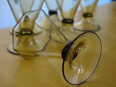6 VINTAGE ITALY VENETIAN MURANO SHOT GLASSES OCTAGONAL AMBER LIGHT AND BLUE