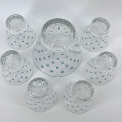 Vintage Hazel-Atlas Set-7 Aqua Polka Dot Barware~1 Ice Bowl & 6 Cocktail Glasses