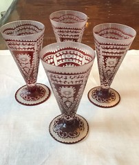 Rare Bohemian Intaglio Cut Ruby Flashed Cordial Glasses. GORGEOUS