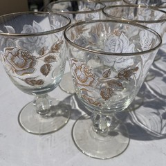 (SET/8)-1960 LIBBEY -Rose Bouquet- Engraved Rose Cocktail Glasses W/Gold Rim