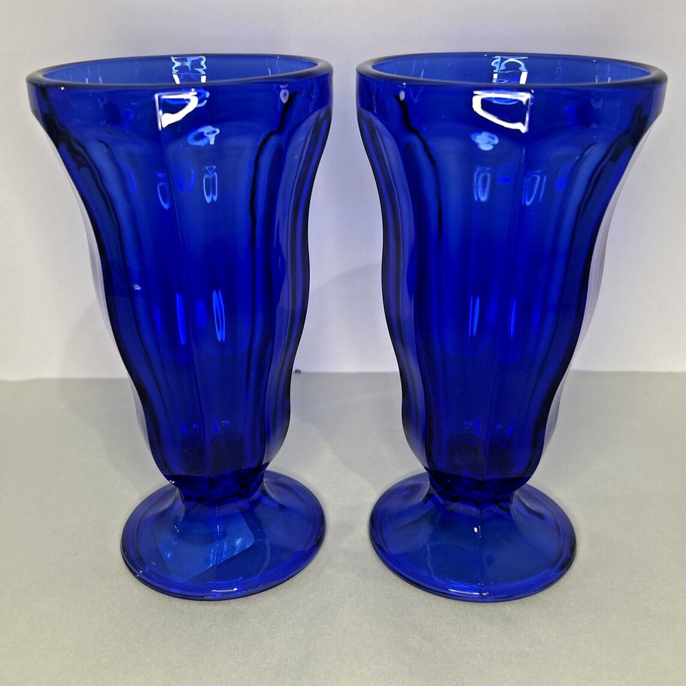 Anchor Hocking Cobalt Blue Glass Ftd. Milkshake Ice Cream Soda Glasses Set 2 NEW