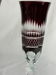 Pair of vintage Bohemian dark red cut to clear crystal Champagne flutes