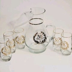 Vintage West Virginia Glass 50th Golden Anniversary Pitcher & 5 Tumbler Set EUC